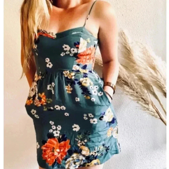 ANTHROPOLOGIE Soeurs Floral Turquoise Spaghetti Strap Pleated Mini Dress 💯 Silk - Picture 2 of 9